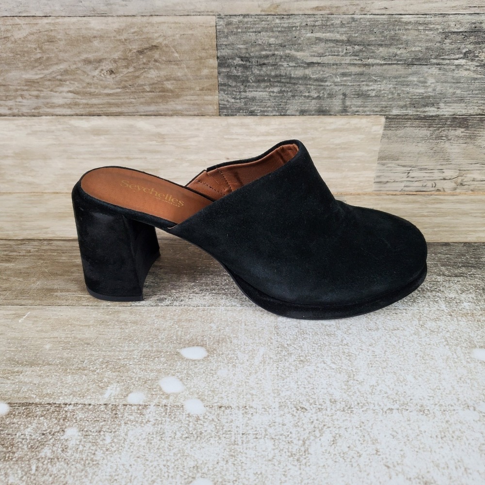 Seychelles Honor Womens Mules Sz 9.5 Black Suede Slip On Round Toe Block Heel